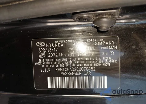 2012 Hyundai Veloster Base W/Black z USA, uszkodzony, nr VIN KMHTC6AD2CU076482